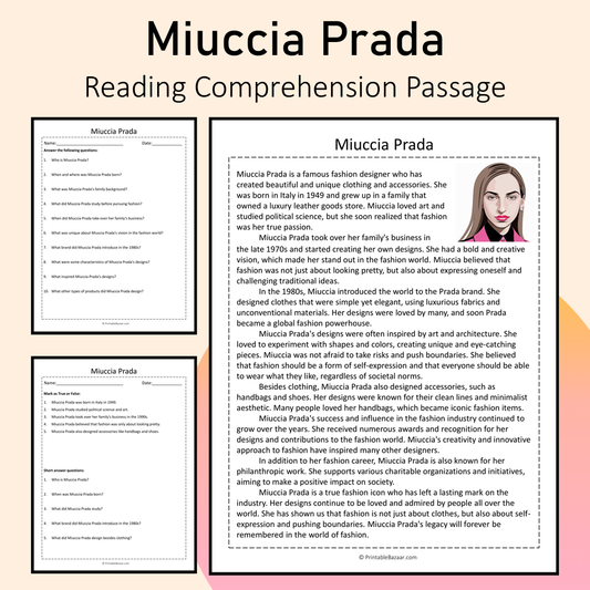 Miuccia Prada | Reading Comprehension Passage Printable Activity
