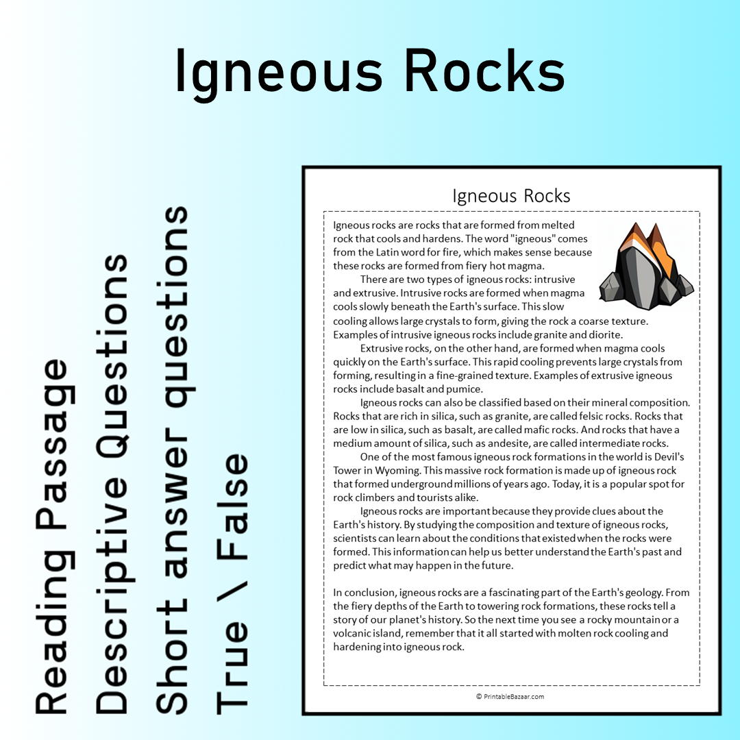 Igneous Rocks | Reading Comprehension Passage Printable Worksheet