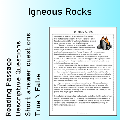 Igneous Rocks | Reading Comprehension Passage Printable Worksheet