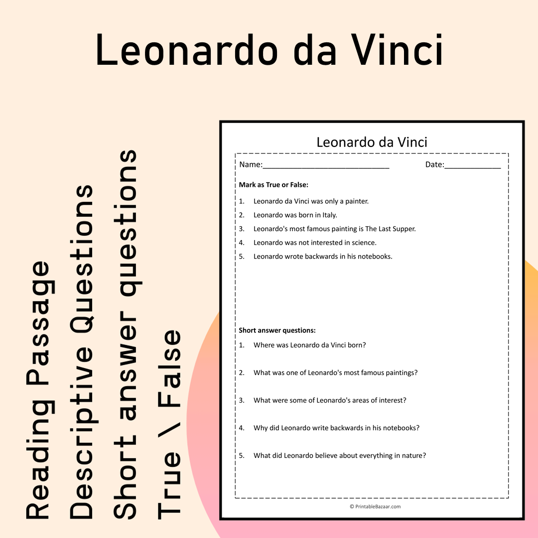 Leonardo da Vinci | Reading Comprehension Passage Printable Activity