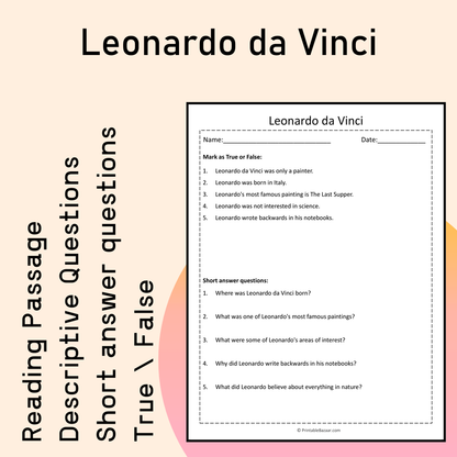 Leonardo da Vinci | Reading Comprehension Passage Printable Activity