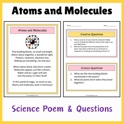 Atoms and Molecules | Science Poem Reading Comprehension Activity