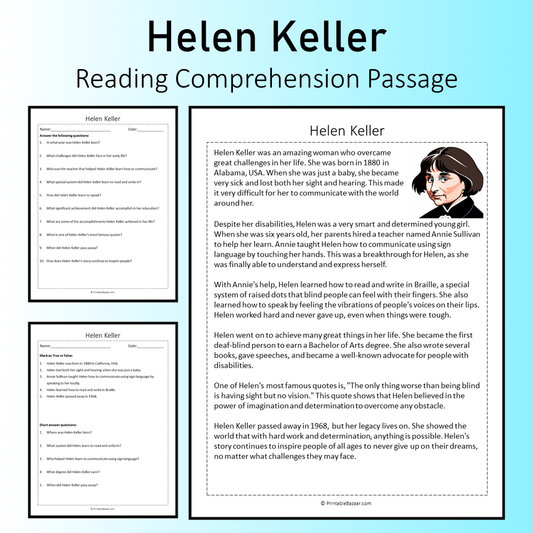 Helen Keller | Reading Comprehension Passage Printable Worksheet