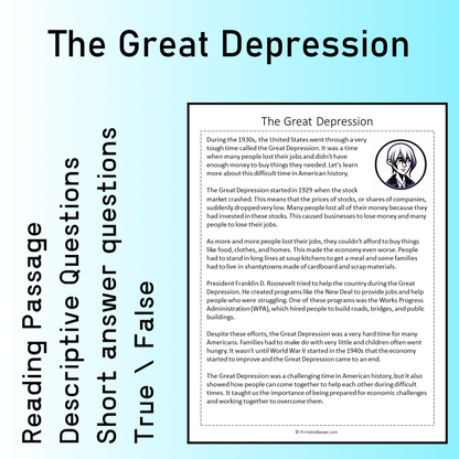 The Great Depression | Reading Comprehension Passage Printable Worksheet