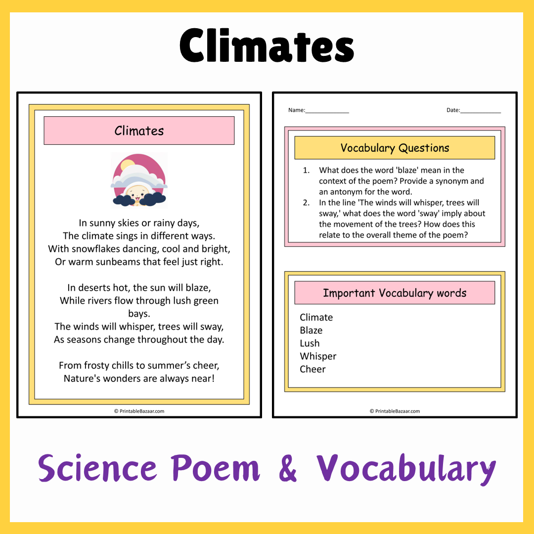 Climates | Science Poem Reading Comprehension Activity