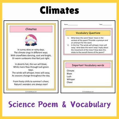 Climates | Science Poem Reading Comprehension Activity