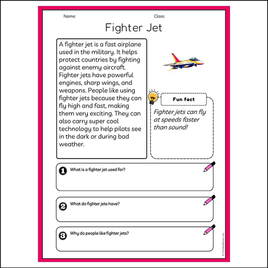 Fighter Jet | Reading Passage Comprehension Questions Writing Facts Worksheet