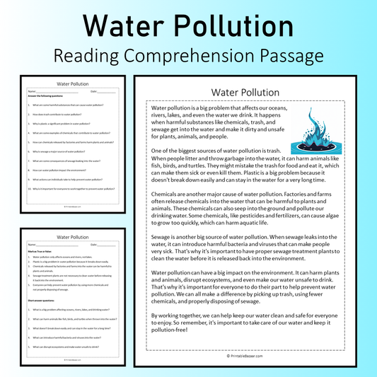 Water Pollution | Reading Comprehension Passage Printable Worksheet