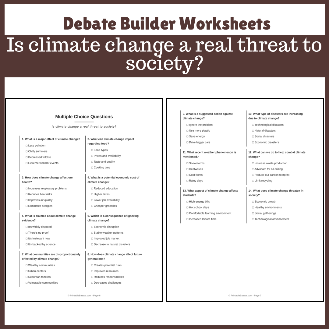 Is climate change a real threat to society? | Favour and Against Worksheet Printable Activity