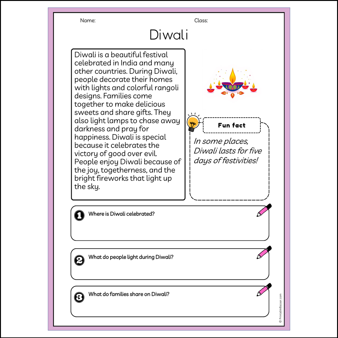 Diwali | Reading Passage Comprehension Questions Writing Facts Worksheet