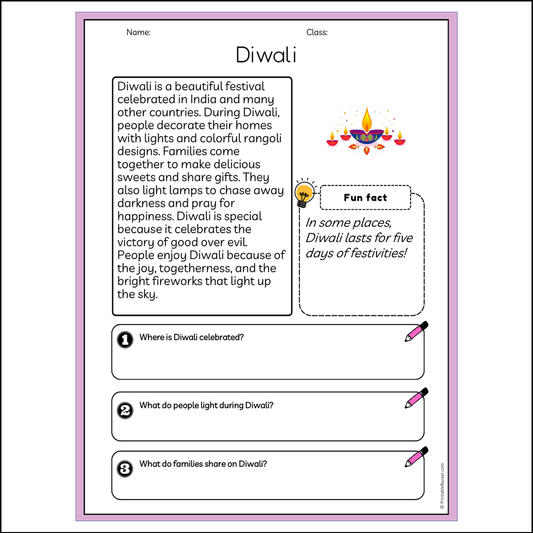 Diwali | Reading Passage Comprehension Questions Writing Facts Worksheet