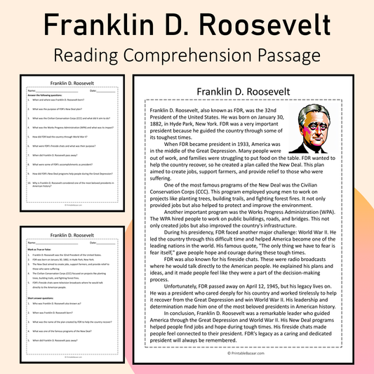 Franklin D. Roosevelt | Reading Comprehension Passage Printable Activity