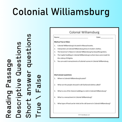 Colonial Williamsburg | Reading Comprehension Passage Printable Worksheet