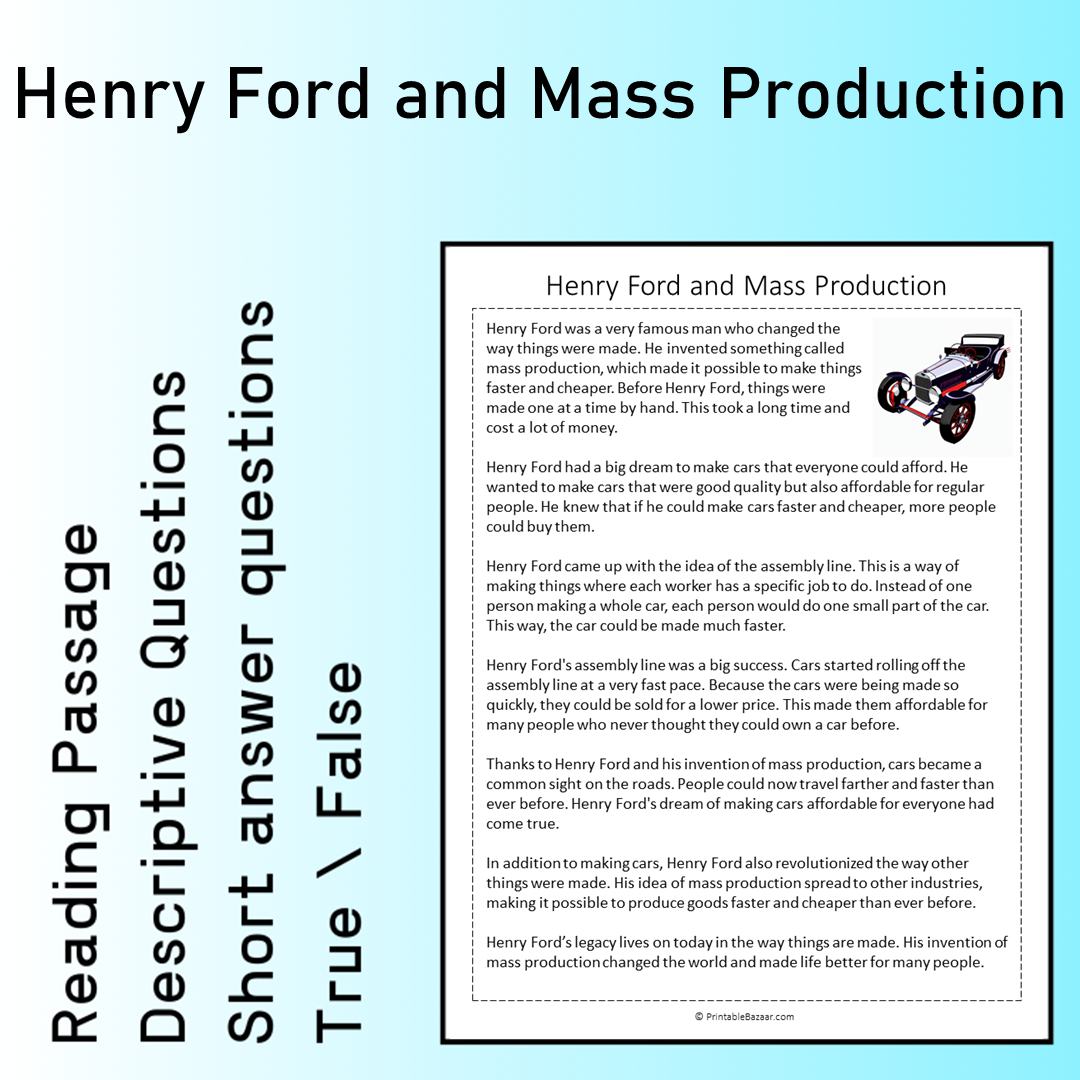 Henry Ford and Mass Production | Reading Comprehension Passage Printable Worksheet
