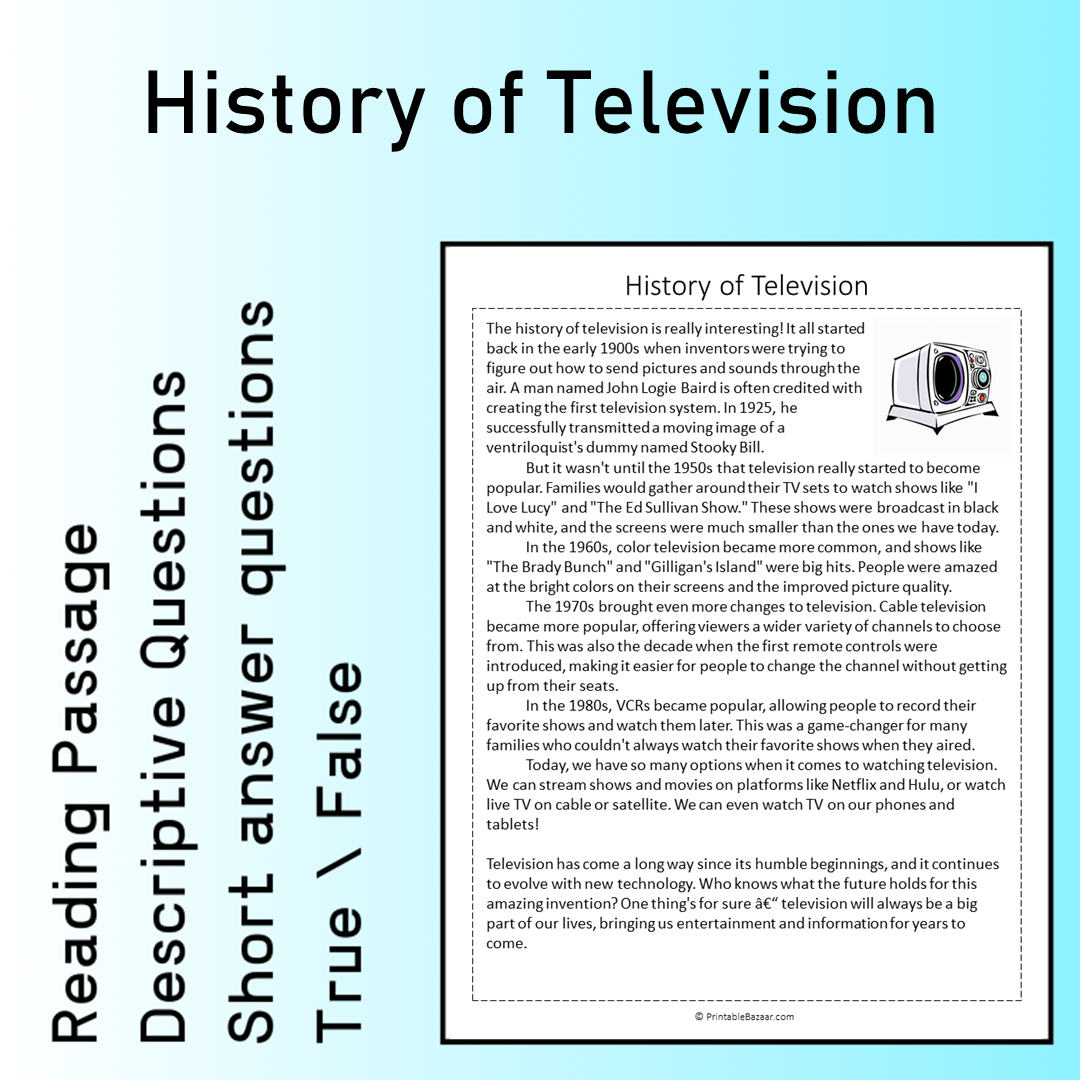 History of Television | Reading Comprehension Passage Printable Worksheet