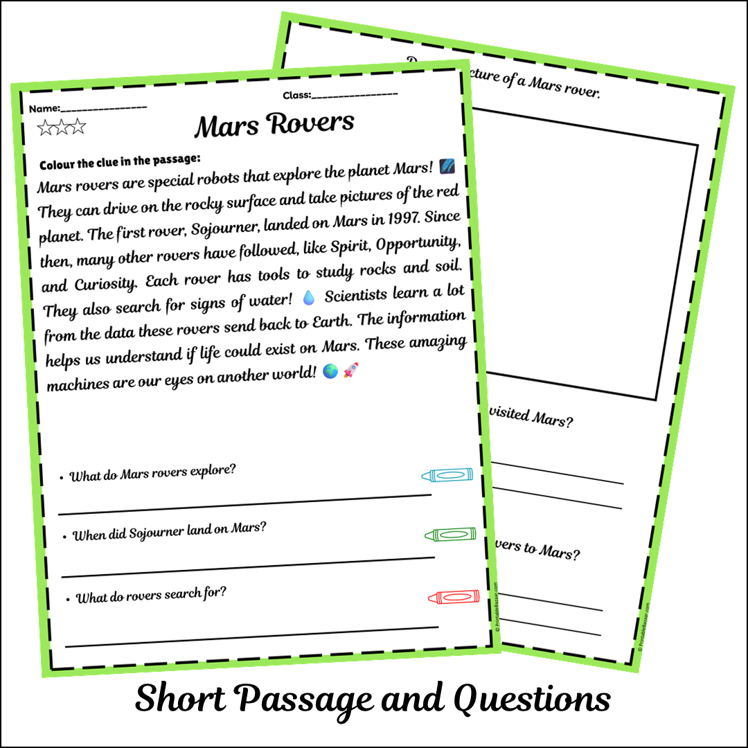 Mars Rovers | Short Reading Comprehension Creative Worksheet