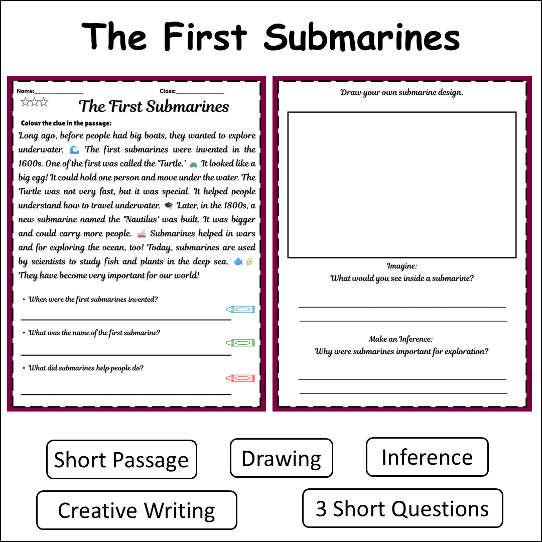 The First Submarines | Short Reading Comprehension Creative Worksheet