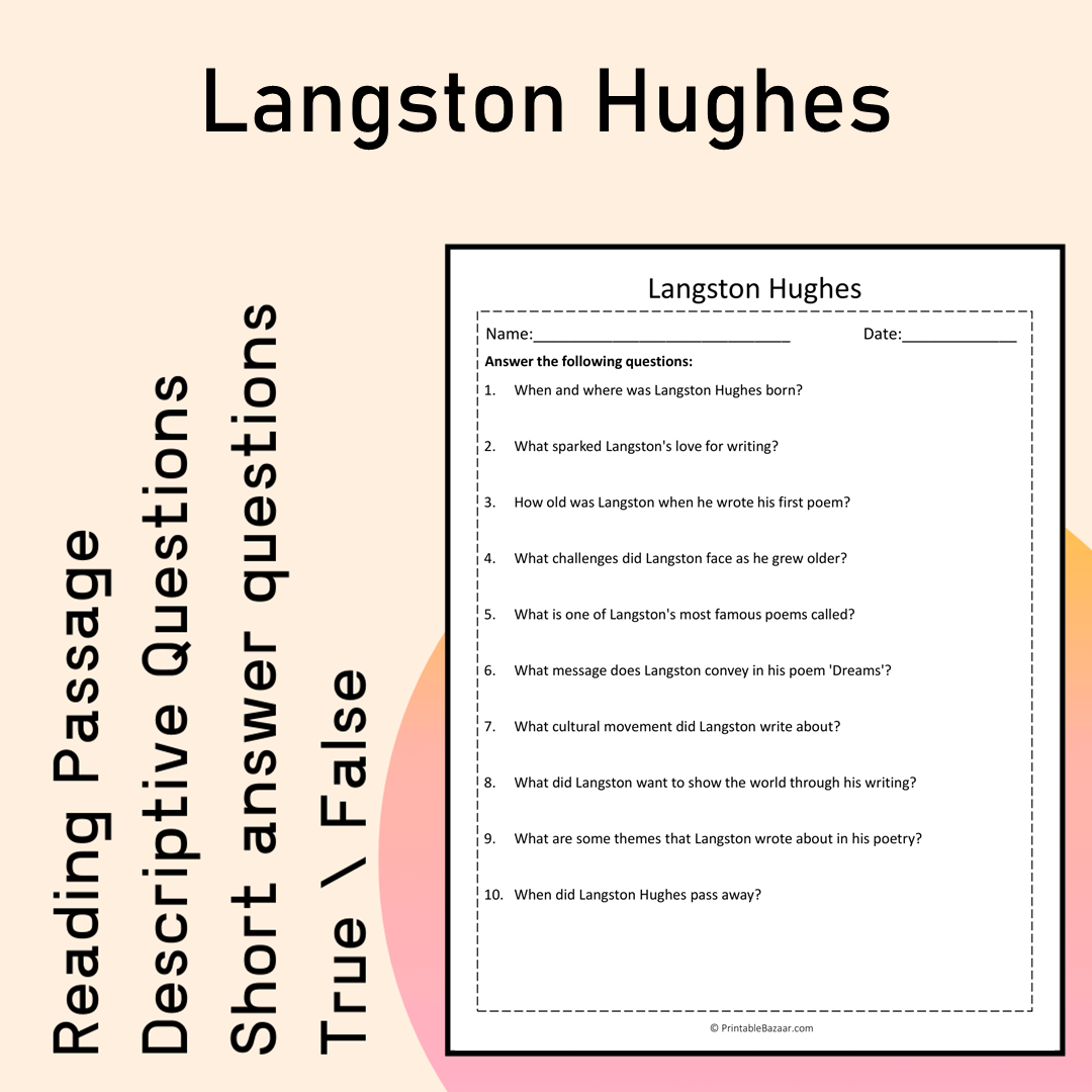 Langston Hughes | Reading Comprehension Passage Printable Activity