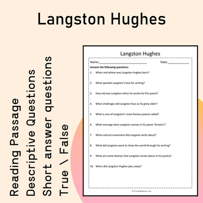 Langston Hughes | Reading Comprehension Passage Printable Activity