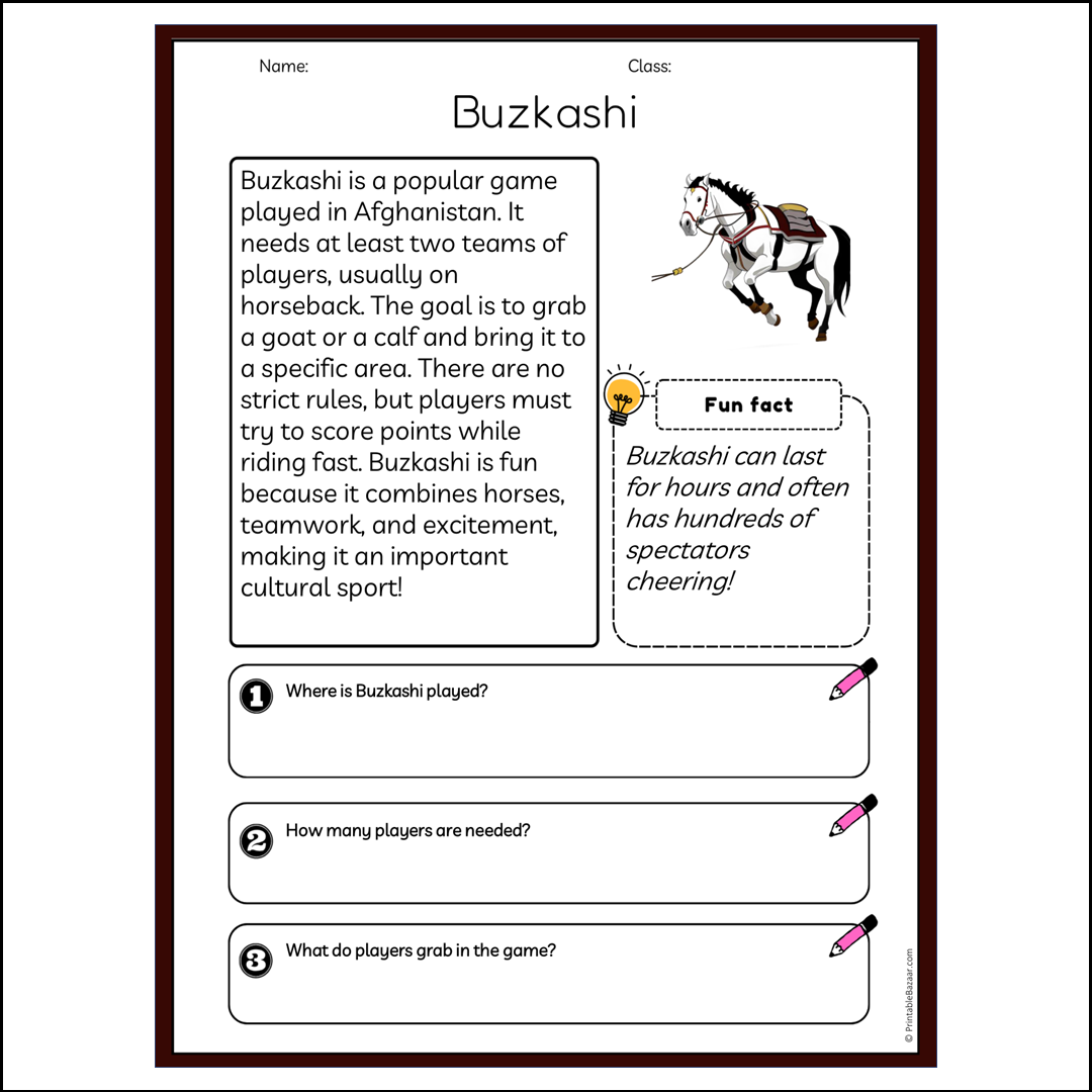 Buzkashi | Reading Passage Comprehension Questions Writing Facts Worksheet