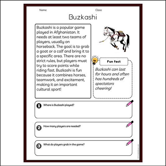 Buzkashi | Reading Passage Comprehension Questions Writing Facts Worksheet