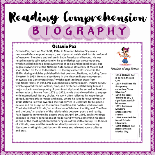 Octavio Paz | Biography Reading Comprehension and Questions Worksheet