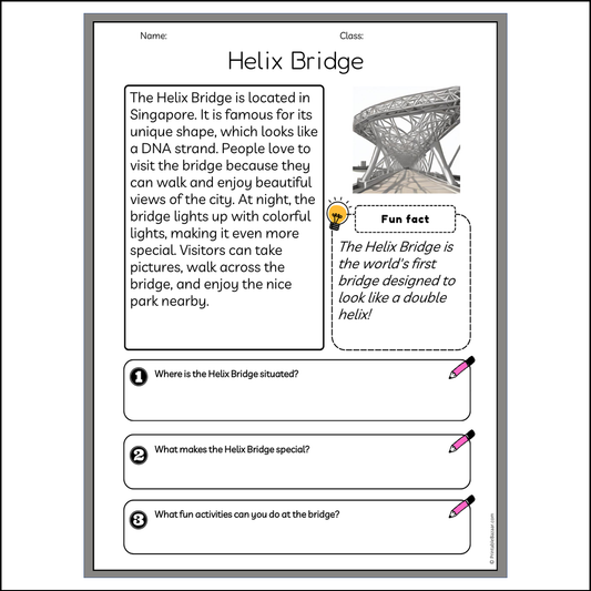 Helix Bridge | Reading Passage Comprehension Questions Writing Facts Worksheet