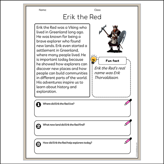 Erik the Red | Reading Passage Comprehension Questions Writing Facts Worksheet