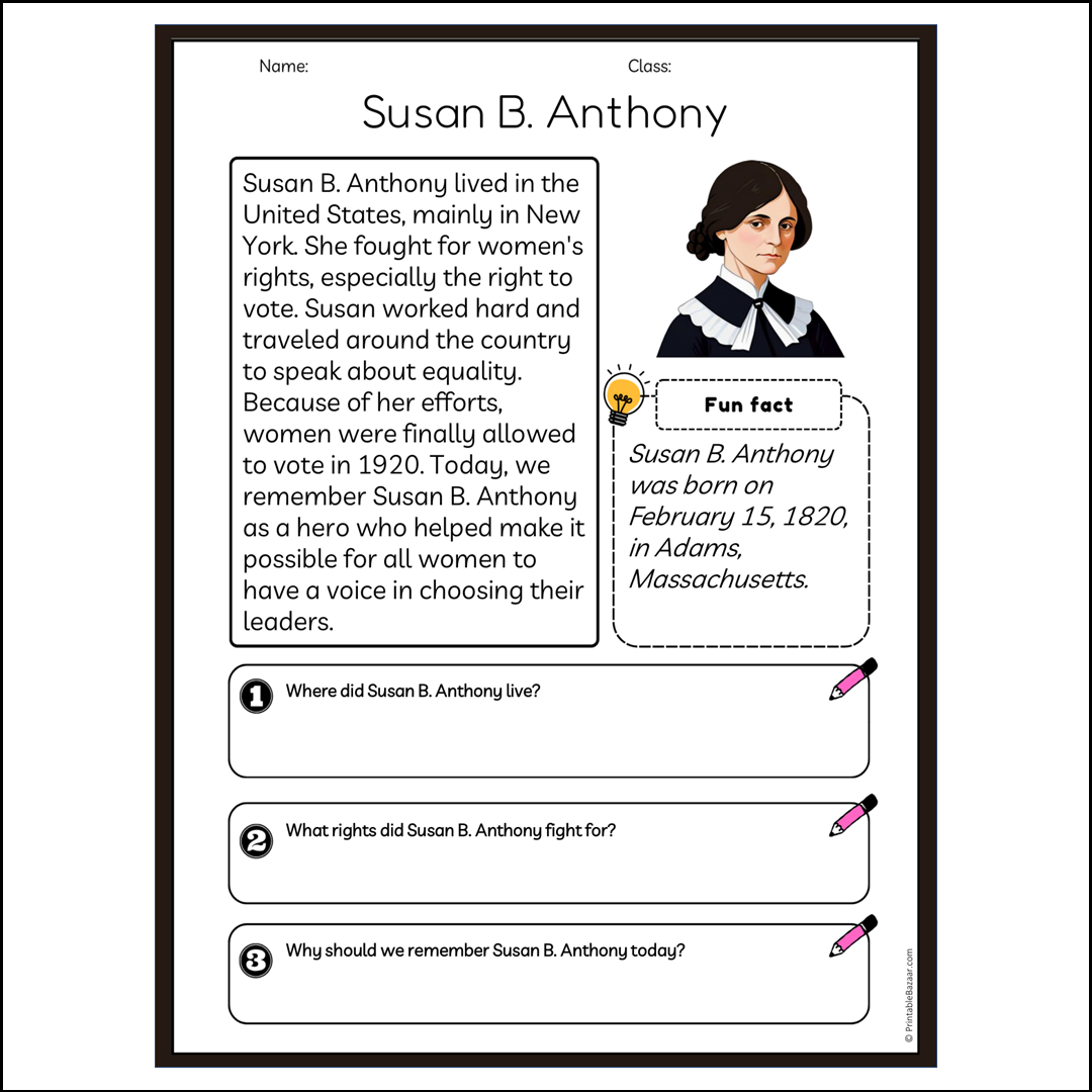 Susan B. Anthony | Reading Passage Comprehension Questions Writing Facts Worksheet