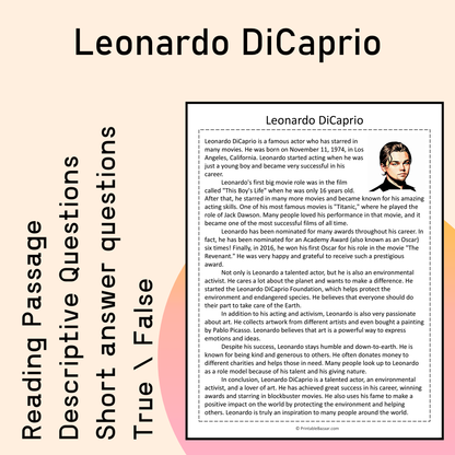 Leonardo DiCaprio | Reading Comprehension Passage Printable Activity