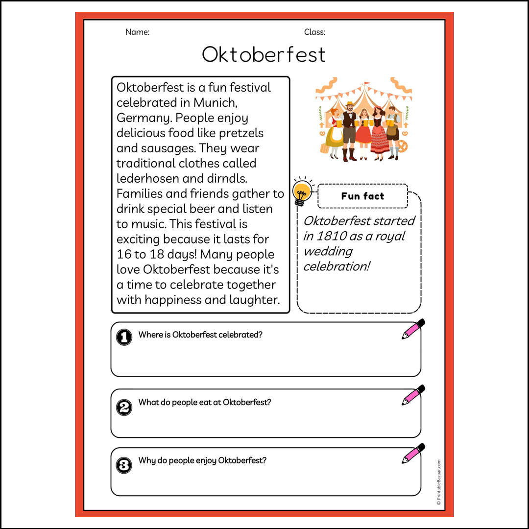 Oktoberfest | Reading Passage Comprehension Questions Writing Facts Worksheet