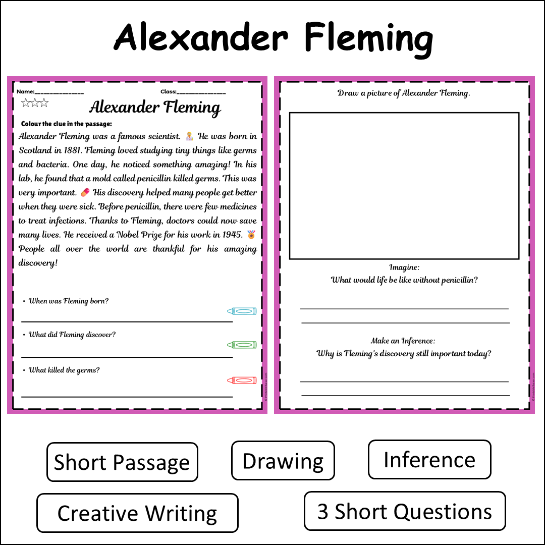 Alexander Fleming | Short Reading Comprehension Creative Worksheet