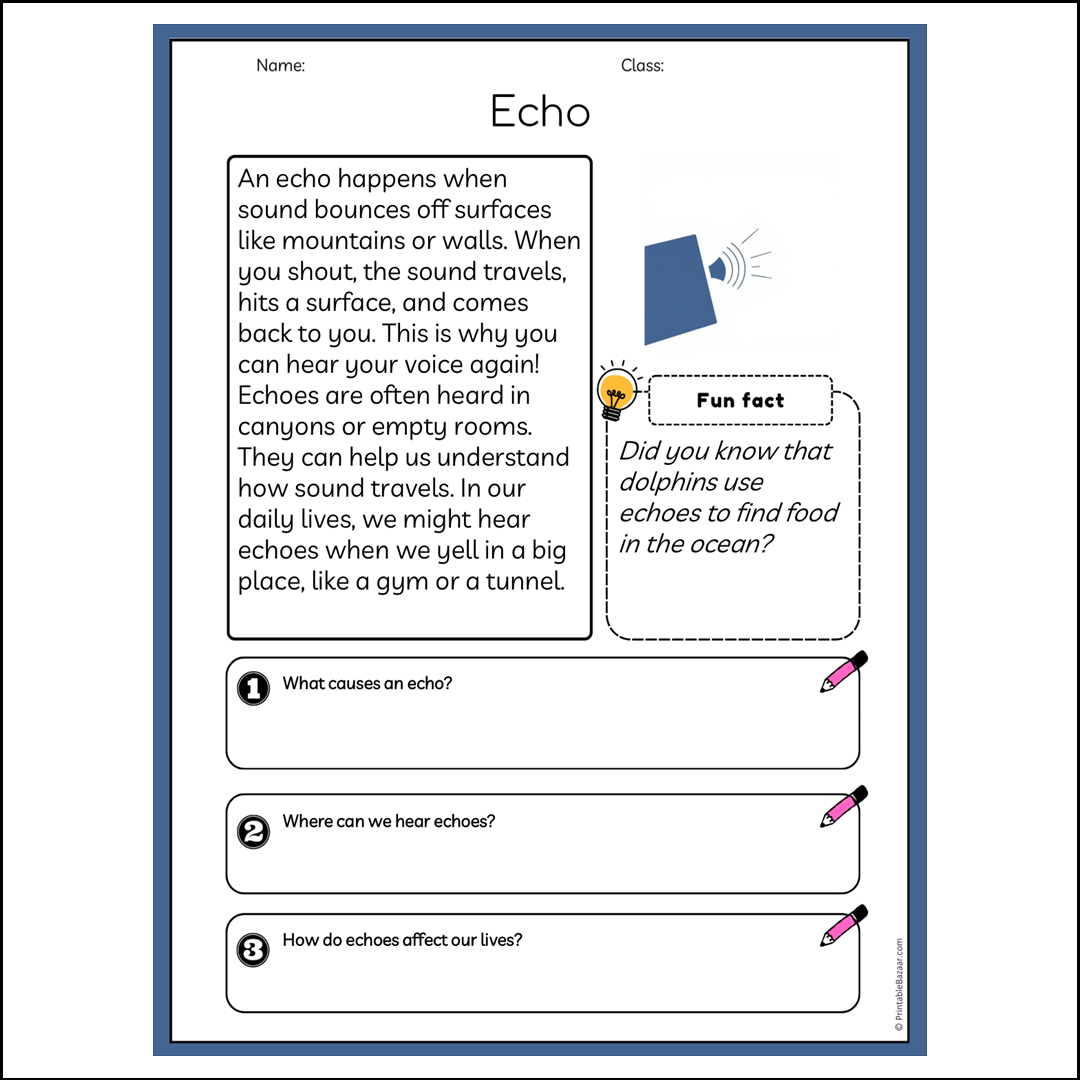 Echo | Reading Passage Comprehension Questions Writing Facts Worksheet