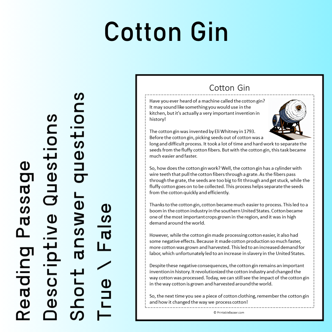Cotton Gin | Reading Comprehension Passage Printable Worksheet