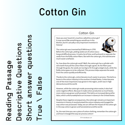 Cotton Gin | Reading Comprehension Passage Printable Worksheet