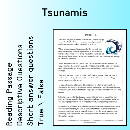 Tsunamis | Reading Comprehension Passage Printable Worksheet