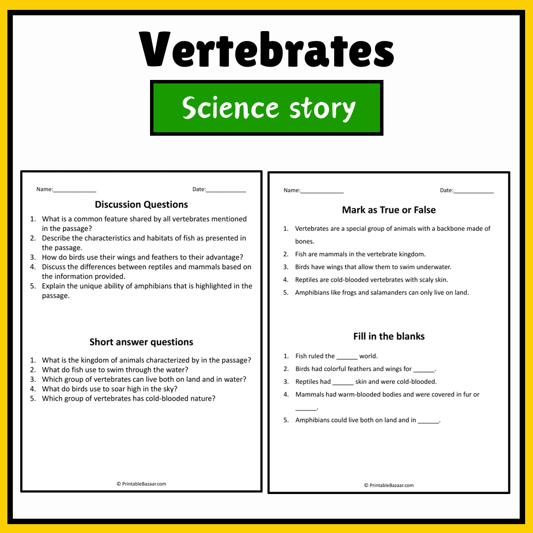 Vertebrates | Science Story Reading Comprehension Activity