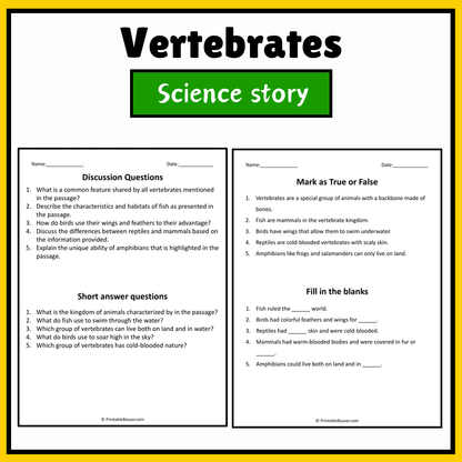Vertebrates | Science Story Reading Comprehension Activity
