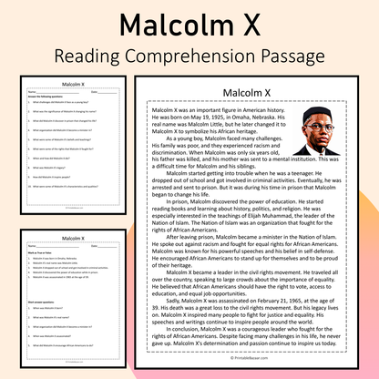 Malcolm X | Reading Comprehension Passage Printable Activity
