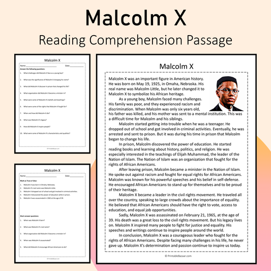 Malcolm X | Reading Comprehension Passage Printable Activity