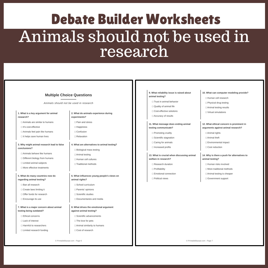 Animals should not be used in research | Favour and Against Worksheet Printable Activity