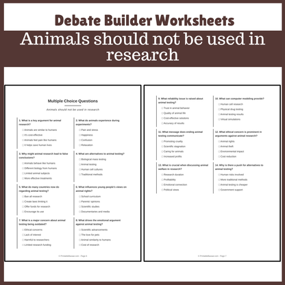 Animals should not be used in research | Favour and Against Worksheet Printable Activity