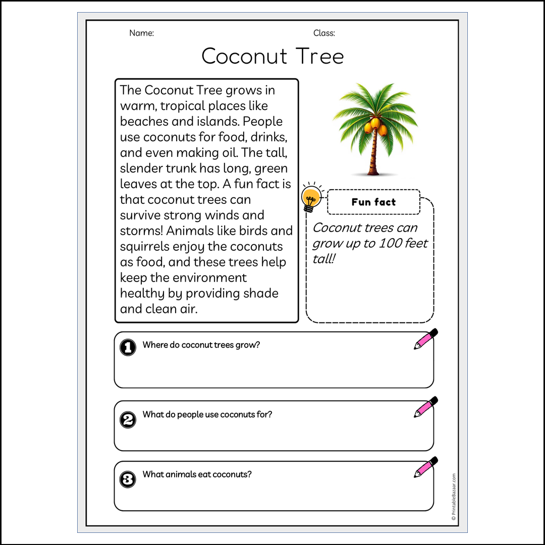 Coconut Tree | Reading Passage Comprehension Questions Writing Facts Worksheet