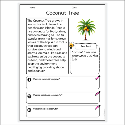 Coconut Tree | Reading Passage Comprehension Questions Writing Facts Worksheet