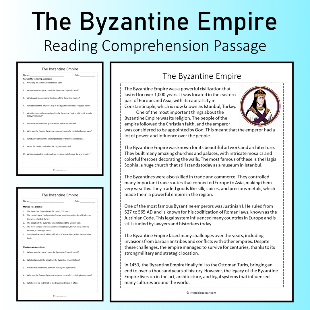 The Byzantine Empire | Reading Comprehension Passage Printable Worksheet