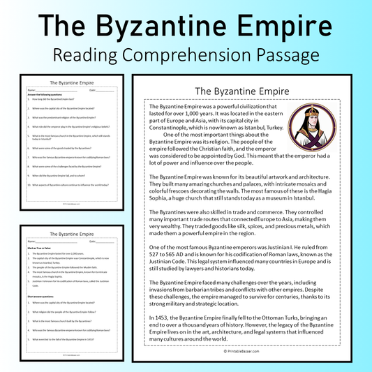 The Byzantine Empire | Reading Comprehension Passage Printable Worksheet