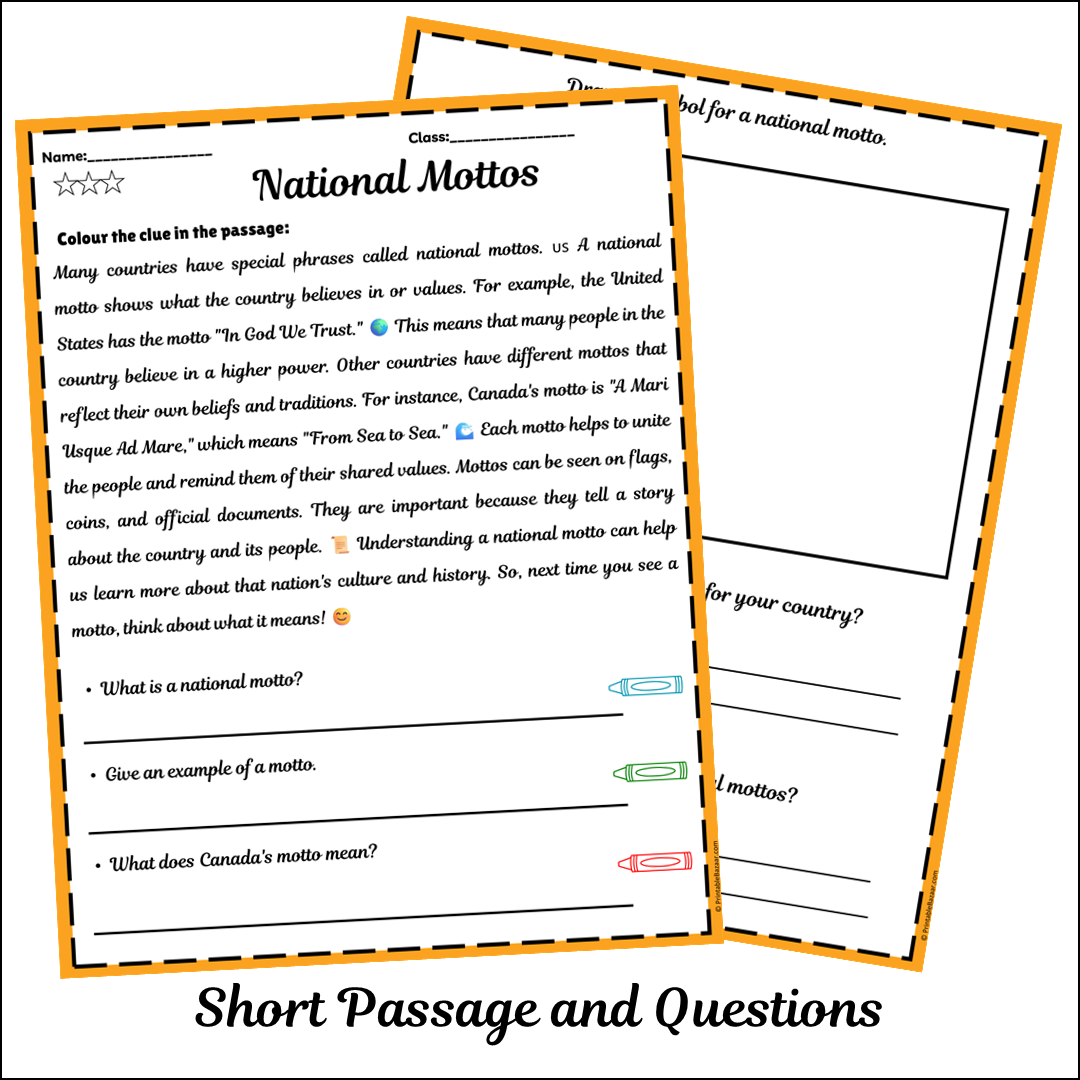 National Mottos | Short Reading Comprehension Creative Worksheet