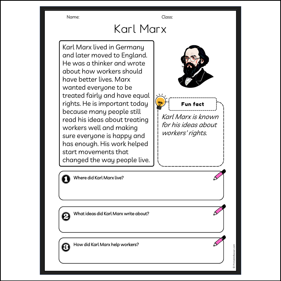 Karl Marx | Reading Passage Comprehension Questions Writing Facts Worksheet