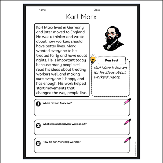 Karl Marx | Reading Passage Comprehension Questions Writing Facts Worksheet