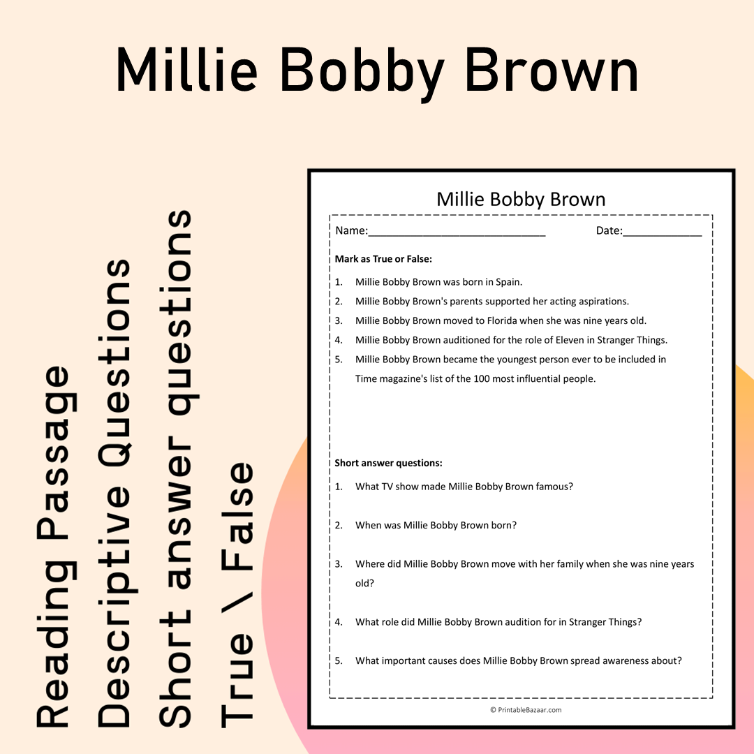 Millie Bobby Brown | Reading Comprehension Passage Printable Activity
